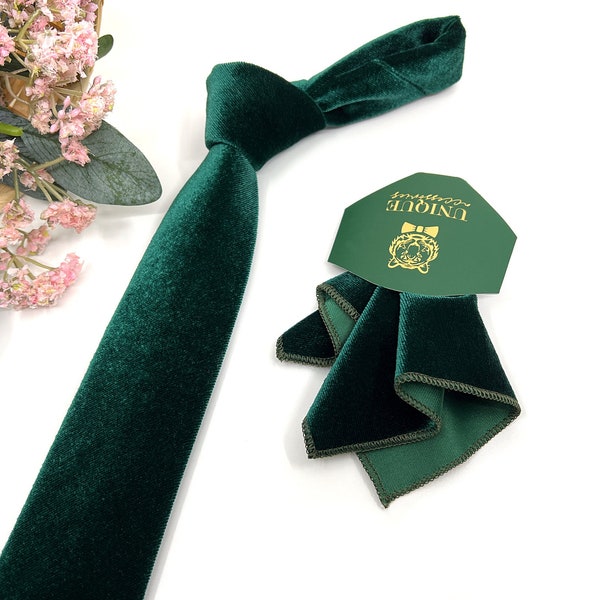 Velvet Necktie, Emerald green velvet necktie, Mens Neckties, With Matching, Pocket Square Handkerchief Option, Mens Necktie