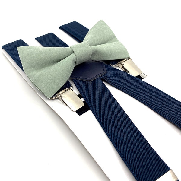 Dusty sage green bow tie & Navy suspenders, Suspenders bow tie, Wedding, Bow tie, Ring bearer outfit, Bow tie for Men, Groomsmen