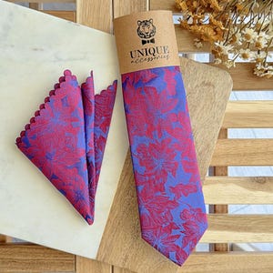 Royal Blue Floral Necktie & Pocket Square Set: Wedding Groom Gift