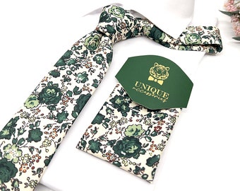 Floral Necktie, Dark Green Floral Neckties, Wedding Groom Neckties, Groomsmen Neckties, Groomsmen Gift, Same Matching Pocket Square