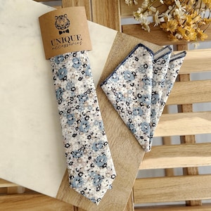 Dusty Blue Floral Tie & Pocket Square Set: Boho Wedding Groomsmen Gift