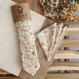 Dusty Green Floral Neckties, Pale Orange Floral tie, Wedding Floral Tie, Groomsmen Neckties, Groom Gift Tie, Groom necktie, Wedding tie