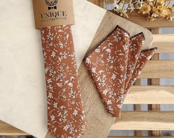 Bronze Rust Floral Necktie: Skinny Wedding Tie, Groomsmen Gift
