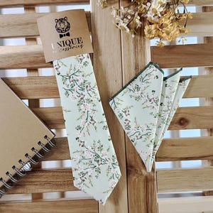 Floral Necktie, Dusty Sage Green Floral Neckties, Wedding Groom Neckties, Groomsmen Neckties, Groomsmen Gift, Same Matching Pocket Square