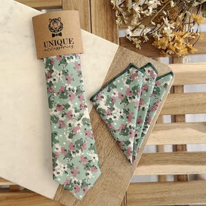 Sage Green Floral Necktie & Pocket Square Set: Boho Wedding Accessories