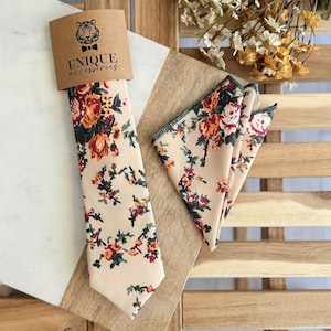 Beige Floral Necktie, Orange and Green Flower Tie, Wedding Necktie, Groomsmen Floral Tie, Boho Groom Gift, Fall Wedding Tie