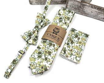 Olive Green Floral Men's Tie: Wedding Groomsmen Necktie