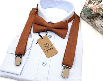 Terracotta Linen Bowtie and Suspender Set: Wedding Groomsmen Outfit