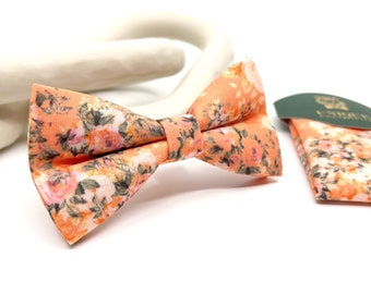 Floral Bow tie, Orange Bow tie, Christmas Gift, Same matching, Mens Bowtie, Pocket square set