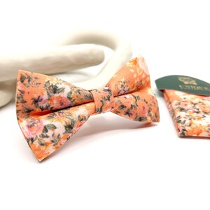 Floral Bow tie, Orange Bow tie, Christmas Gift, Same matching, Mens Bowtie, Pocket square set image 1