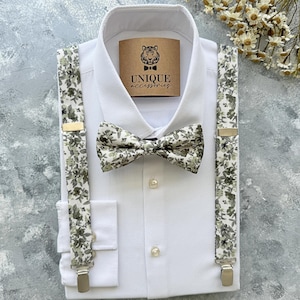 Olive Green Floral Bow Tie & Suspenders Set: Rustic Ring Bearer Outfit
