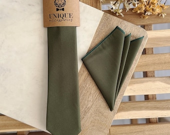 Olive Green Wedding Tie and Pocket Square Set: Groomsmen Necktie
