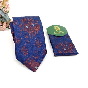 Burnt floral necktie, Floral Mens Neckties, With Matching, Navy Necktie, Pocket Square Handkerchief Option, Mens Necktie, Pocket Square Set