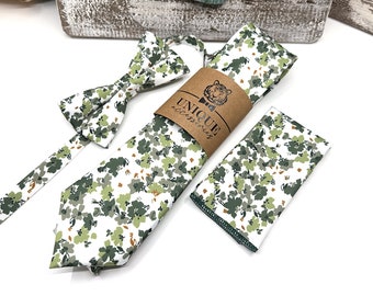 Olive Green Necktie, Green Floral Men Necktie, Wedding Floral Ties, Groomsmen Floral Necktie, Groom Gift Tie, Weddings Tie