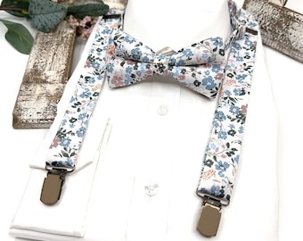 Dusty Blue Floral Suspenders and Bow Tie Set