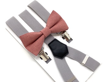 Dusty rose bow tie & Light gray suspenders,  Suspenders bow tie, Wedding, Bow tie, Ring bearer outfit, Bow tie for Men, Groomsmen