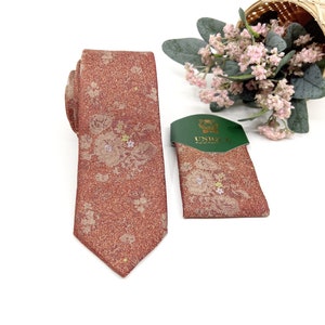 Pale orange necktie, Floral necktie, Wedding Groom Neckties, Groomsmen Necktie, Same Matching Pocket Square, Groomsmen Gift tie