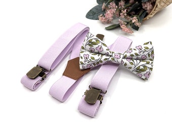 Lilac Suspenders, Floral Bow tie, Groomsmen Supender, Suspender Set, Wedding Suspender, Ring bearer outfit, Bow ties for Men