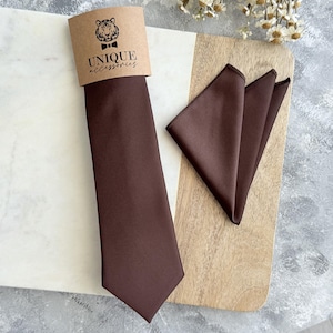 Chocolate Brown Satin Tie and Pocket Square Set: Groomsmen Wedding Necktie