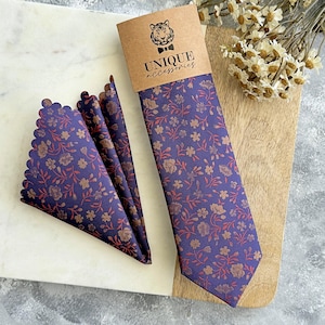 Purple Floral Tie Set for Men, Wedding Necktie & Pocket Square, Beige Red Flowers