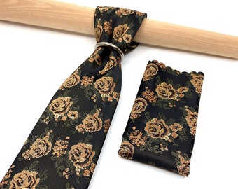 Rose floral necktie, Floral Mens Neckties, With Matching, Black Necktie, Pocket Square Handkerchief Option, Mens Necktie, Pocket Square Set