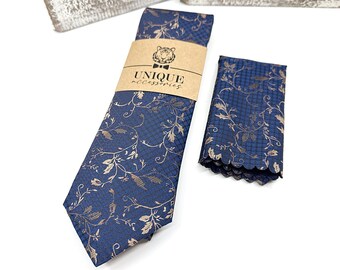 Marineblaue Krawatte, beige florale Herren-Krawatte, Herren-Krawatte, Bräutigam-Krawatte, Hochzeitskrawatte, Trauzeugen-Krawatte, Vatergeschenk