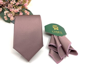 Dusty Mauve Quarz-Krawatte, Bräutigam-Krawatte, Hochzeitskrawatte, mit passender Einstecktuch-Option, Einstecktuch-Set