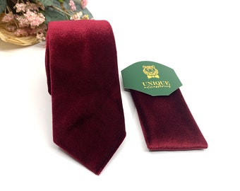 Samt-Krawatte, weinrote Samt-Krawatte, Herren-Krawatte, mit passender Einstecktuch-Option, Herren-Krawatte