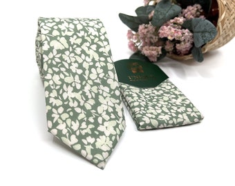 Dusty Pale Green Floral Necktie, Sage Green Neckties, Same matching, Groom necktie, Wedding tie, Mens necktie, Pocket square set