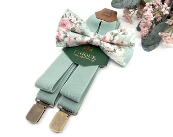 Dusty Pale Green suspenders, Floral Bow tie, Bow tie, Wedding, Bow tie, Ring bearer outfit, Bow ties, Bow ties for Men, Groomsmen