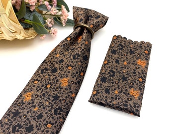 Brown necktie, Orange floral neckties, Wedding tie, With matching, Groom necktie, Mens necktie, Pocket square Set