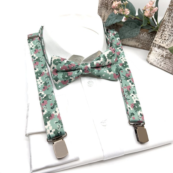 Sage Green Suspenders, Dusty Rose Floral Bow tie, Suspender Bow tie, Wedding Floral Suspenders, Groomsmen Suspenders, Ring bearer outfit