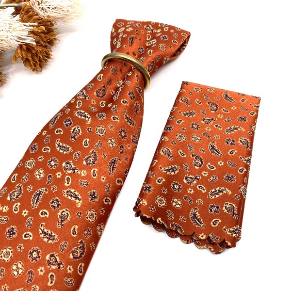 Paisley necktie, Burnt Mens Neckties, With Matching, Pocket Square Handkerchief Option, Mens Necktie, Pocket Square Set