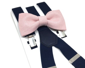 Blush light pink bow tie & navy suspenders, Bow tie, Wedding, Pink bow tie, Ring bearer outfit, Bow ties, Bow ties for Men, Boys, Groomsmen