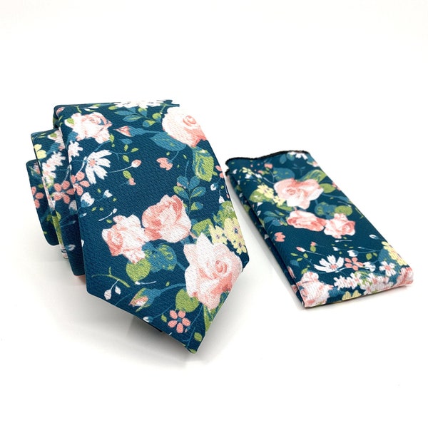 Teal Green Necktie, Pink Floral necktie, Mens Neckties, With Matching, Pocket Square Handkerchief Option, Mens Necktie, Pocket Square Set