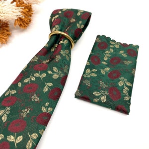 Hunter green necktie, Floral mens neckties, With Matching, Pocket Square Handkerchief Option, Mens Necktie, Pocket Square Set