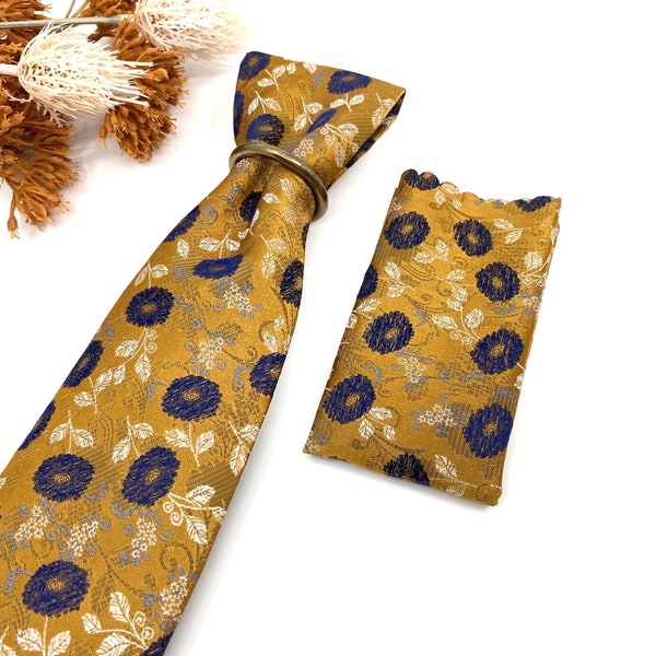 Corbata amarilla, corbatas florales para hombre de la marina, con juego, opción de pañuelo cuadrado de bolsillo, corbata para hombre, conjunto cuadrado de bolsillo