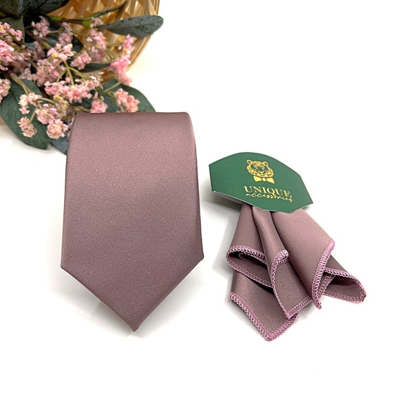 Dusty Mauve Quartz Necktie, Groom neckties, Wedding tie, With Matching, Pocket Square Handkerchief Option, Pocket Square Set