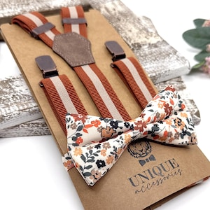 Burnt Orange Suspenders with Pale Copper Floral Bowtie Set