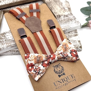 Terracotta Floral Bowtie and Burnt Orange Suspenders Set