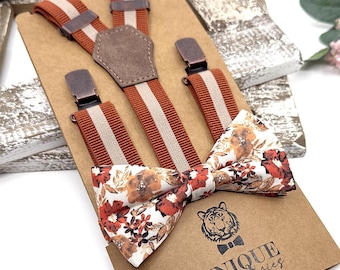 Terracotta Floral Bowtie and Burnt Orange Suspenders Set