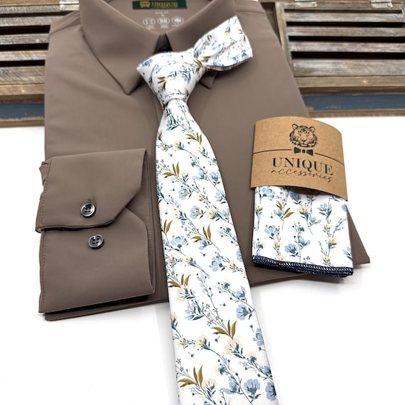 Dusty Blue Floral Necktie: Men's Wedding Groom Groomsmen Tie