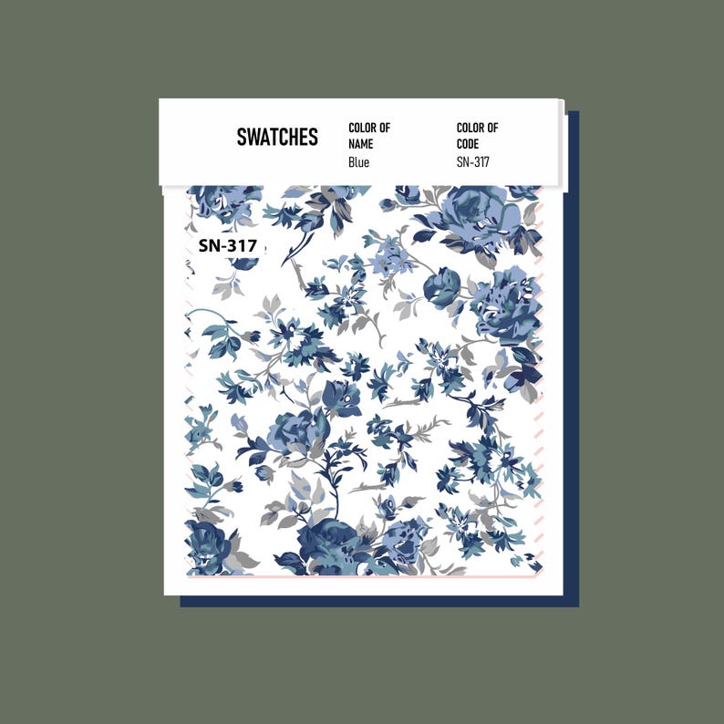May include: Swatch of blue floral fabric with a white background. The fabric has a small, delicate floral pattern with blue and gray flowers. The swatch is labeled "SN-317".