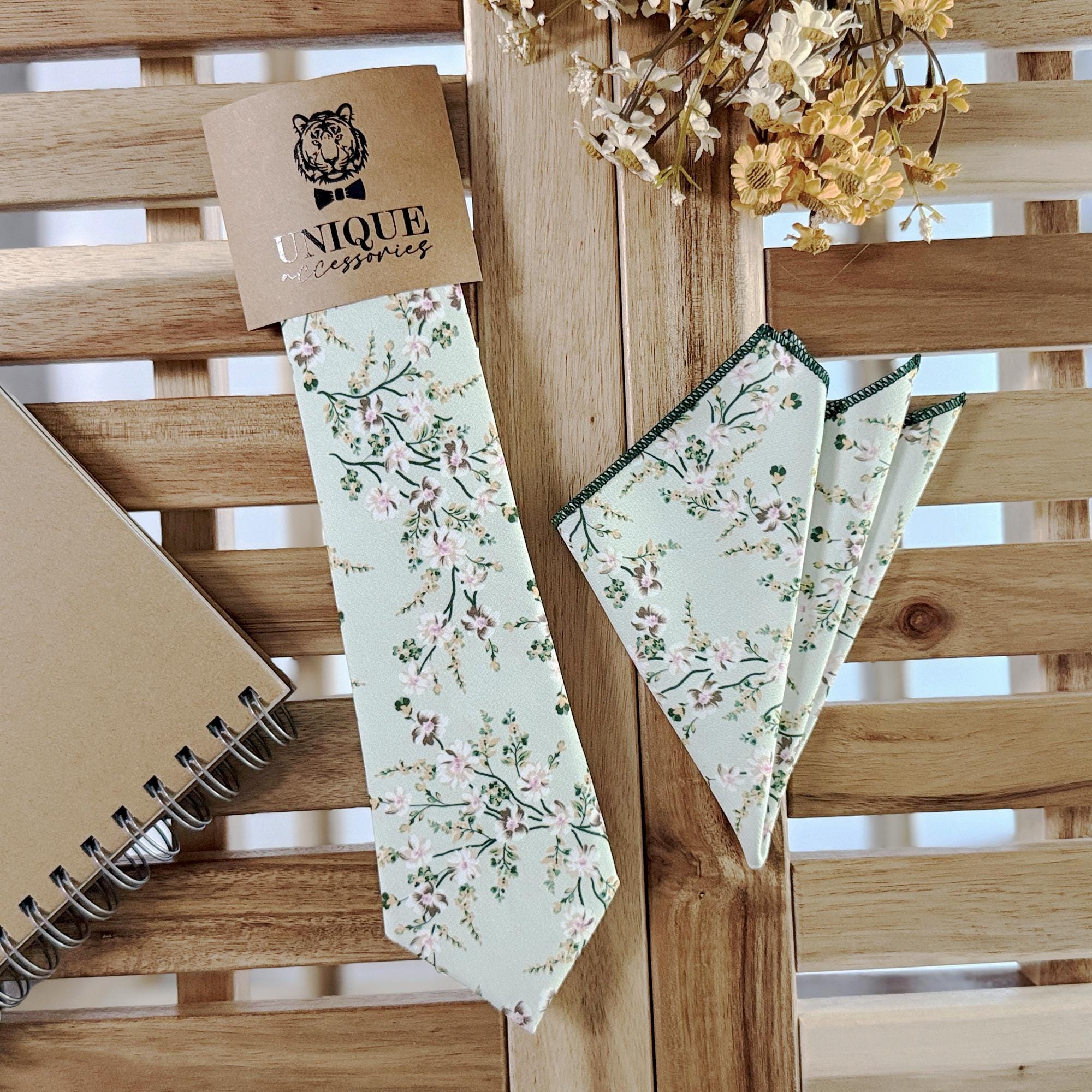 Dusty Sage Green Floral Necktie: Wedding Groomsmen Gift
