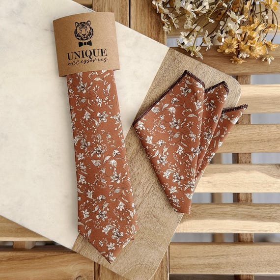 Bronze Rust Floral Necktie: Skinny Wedding Tie, Groomsmen Gift