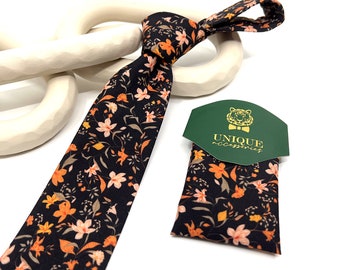 Orange Floral Necktie, Groomsmen Floral tie, Wedding Floral Neckties, Groom necktie, Groomsmen Neckties, Groomsmen Gift tie, Same Matching