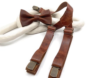 Groomsmen Gift Groomsmen Suspenders for Best Man Gift Grooms Suspenders Wedding Suspenders Genuine Leather, Leather Bow tie