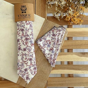 Pastel Floral Necktie and Pocket Square Set, Lavender Blush Wedding Tie, Boho Groom Tie, Garden Wedding Accessories Tie