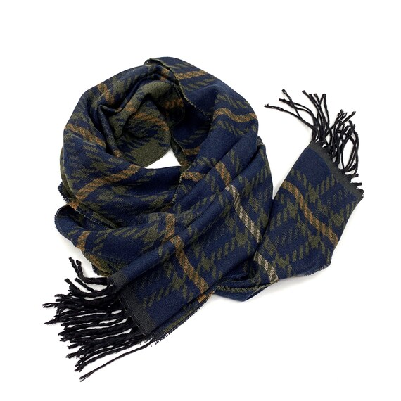 Navy and gold plaid scarf deals