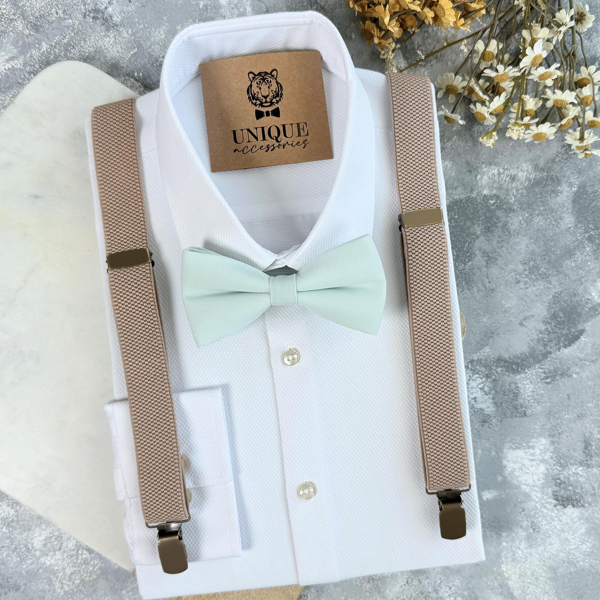 Mint Green Bow Tie & Taupe Suspenders Set: Kids Wedding Outfit